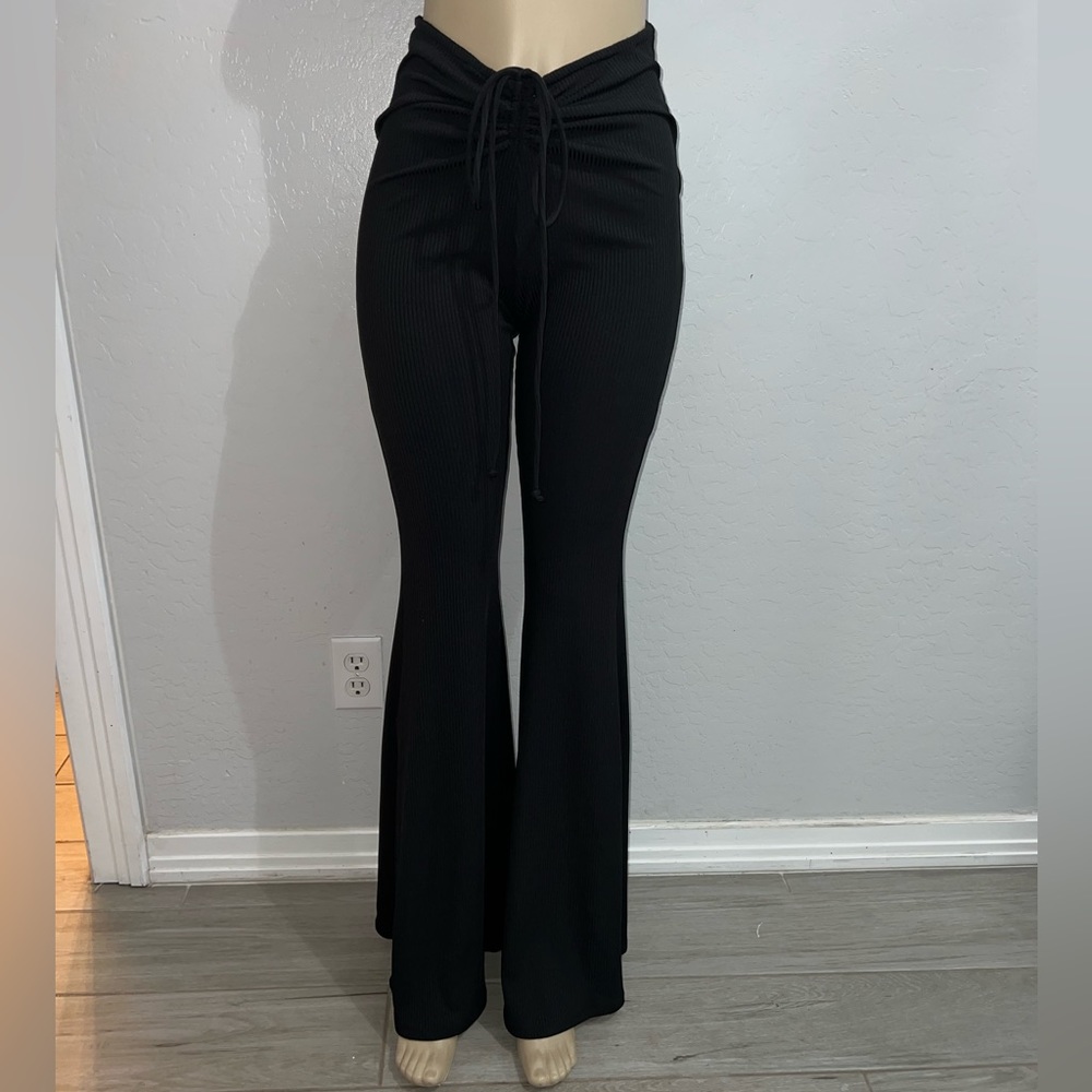 Black Drawstring Front Flare Leg Pants